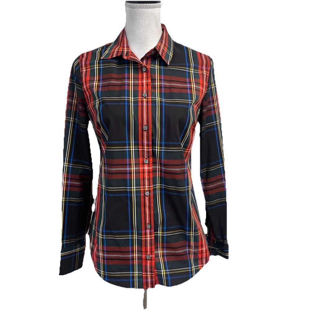 J. Crew Blouse Shirt size 4 Slim Red Black Tartan Plaid Christmas Career Stretch